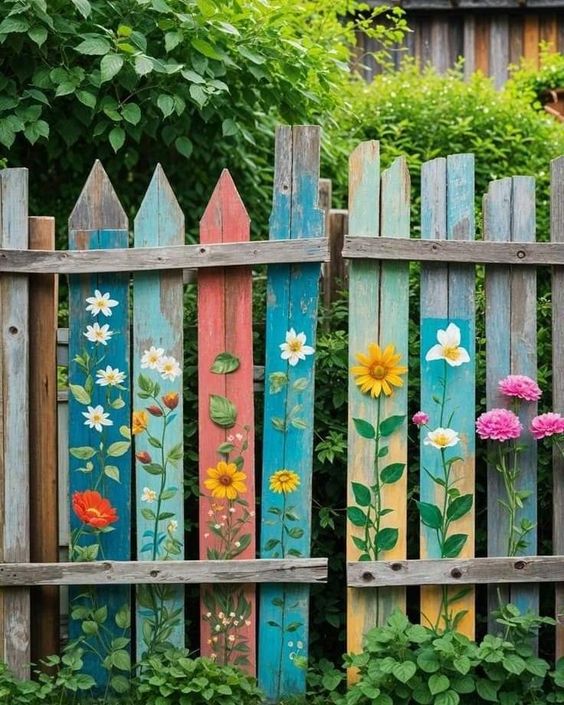 painted fence garden art and decor idea