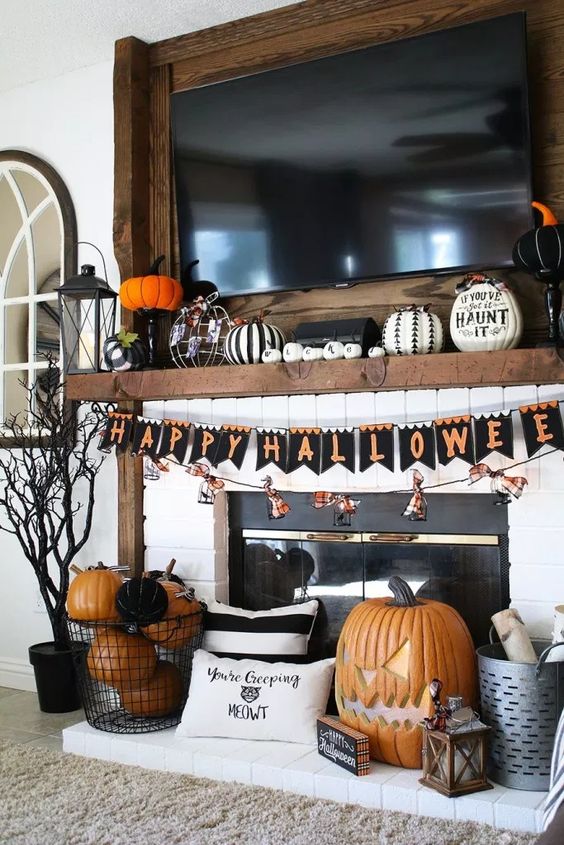 Halloween Mantle Decor Ideas with TV