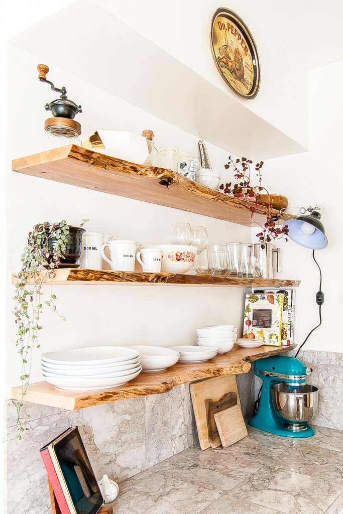 live edge kitchen shelf decor